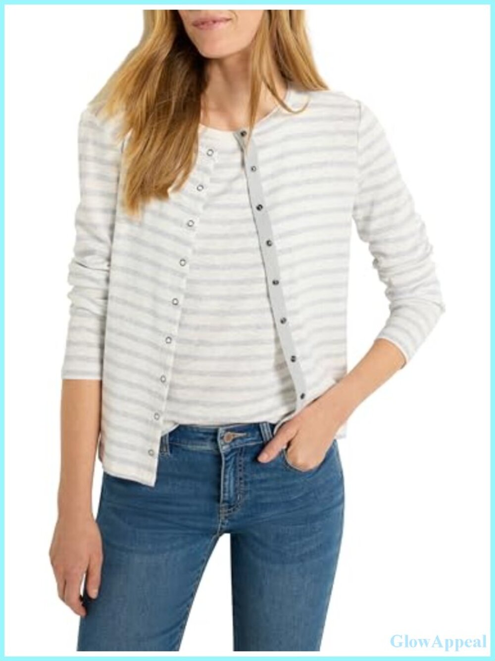 Striped Snap Front Cardigan with 3/4 Sleeves Cotton Modal Blend